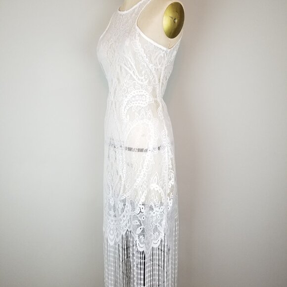 Victorian Style Sheer White Lace Dress with Long Fringe Trim and Racerback Style - Picture 4 of 10